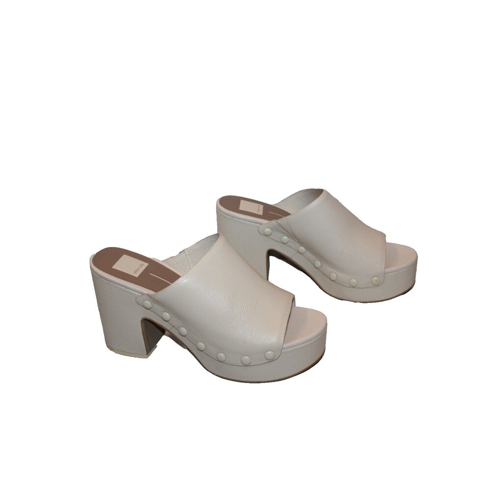 Dolce Vita Emol Ivory Leather Clogs Mules Studded Block Heels Off White Sz 10 - Picture 2 of 7